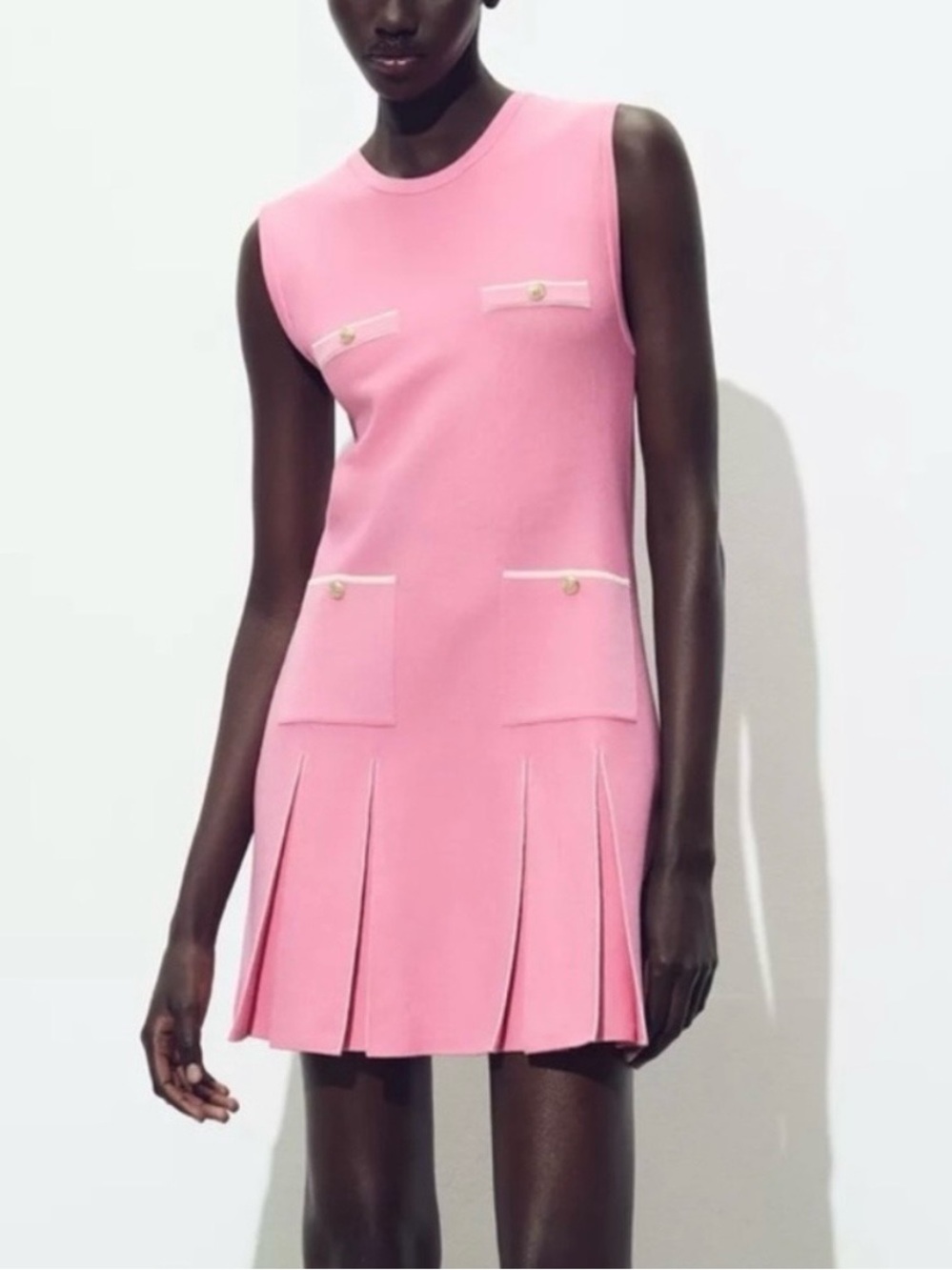 Zara Sz S Pink Sleeveless Pleated Pocket Mini Knit Dress 3859/008/620/S
